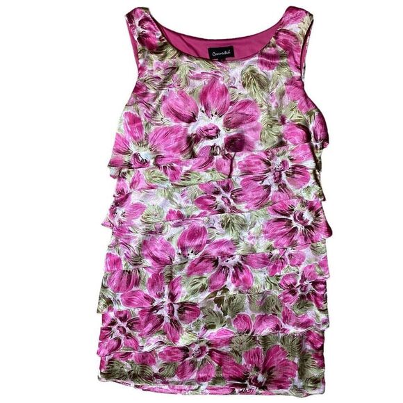 Connected Strapless Hot Pink Fuchsia Floral Tiered Ruffle Layered Cocktail Dress - Picture 6 of 13